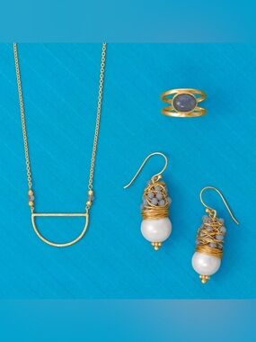 14K Gold plated Labradorite Pearl Jewelry Set Necklace Earrings & Ring Luxe Trio